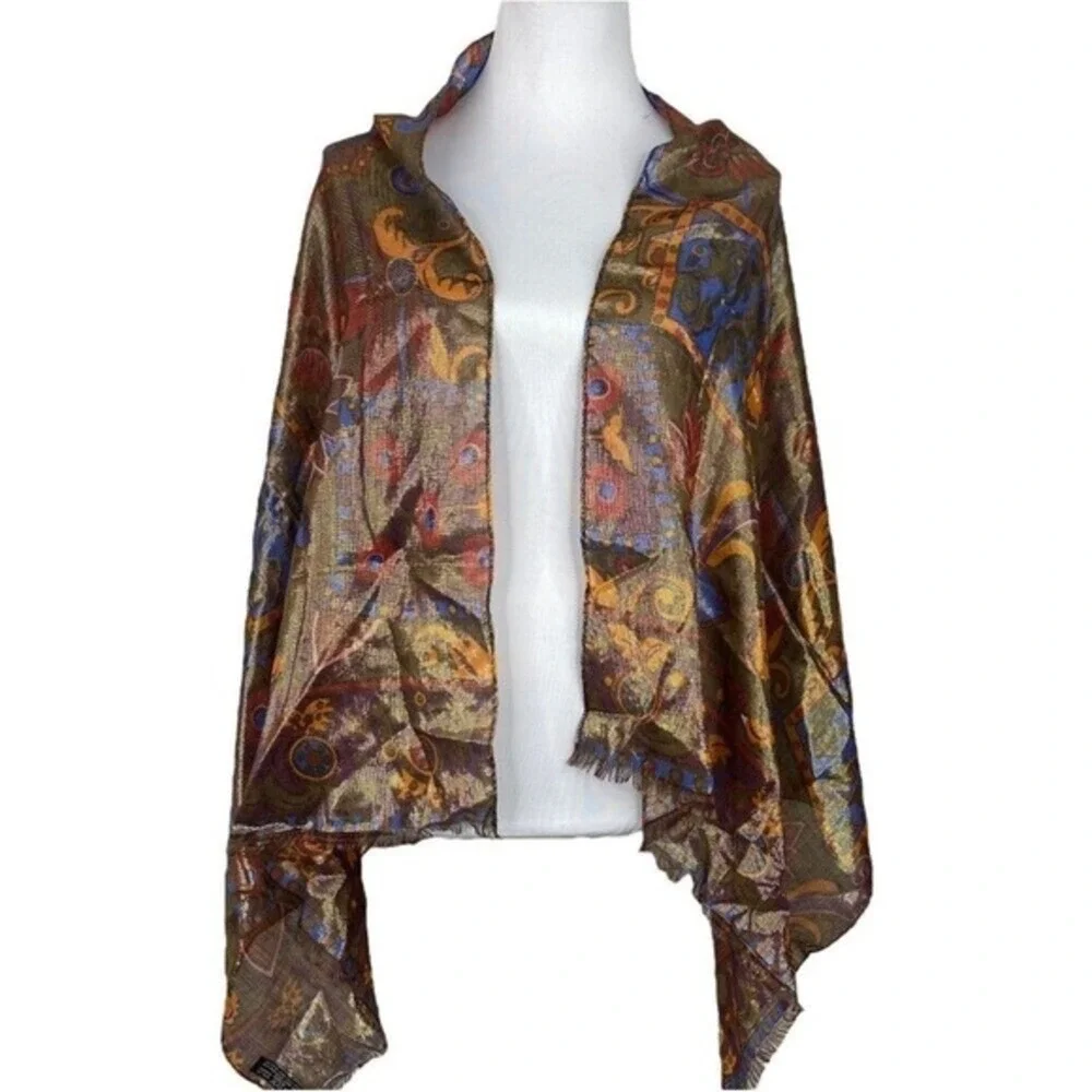 Bally‎ Vintage Gold Metallic Artisan Print Scarf Wool Silk Made in Italy 26x60
